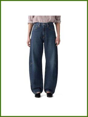 High Rise Tapered Barrel Jeans Cinchable Waist Loose Fit Denim